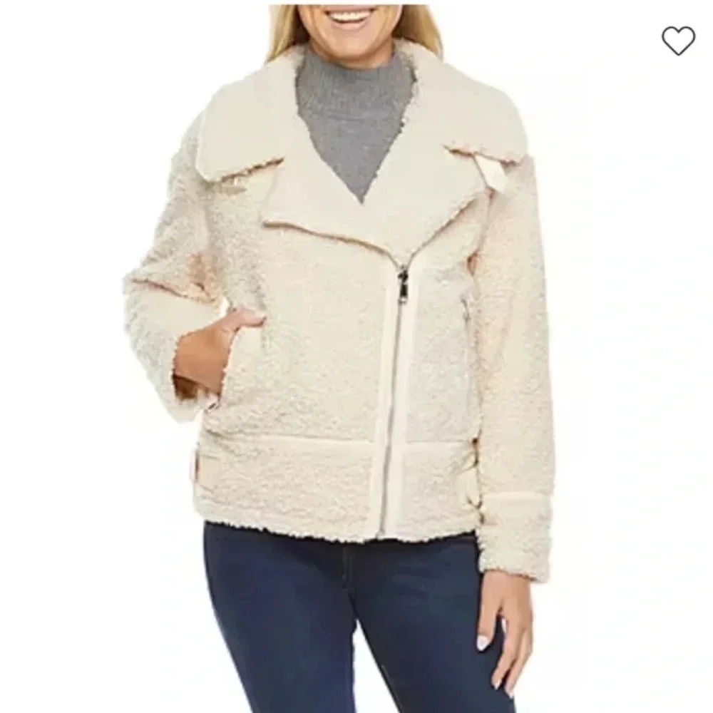 A.n.a Teddy Sherpa Double-Faced Biker Jacket | Size Large | Cream / Ivory